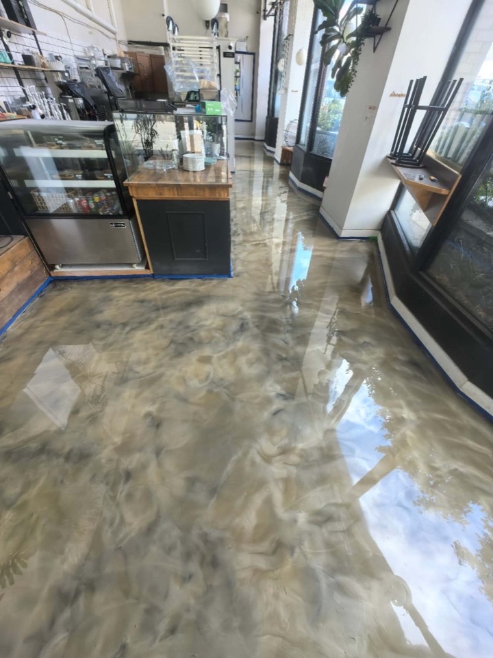 After — golden metallic, full room — Café · Downtown Vancouver · Designer metallic