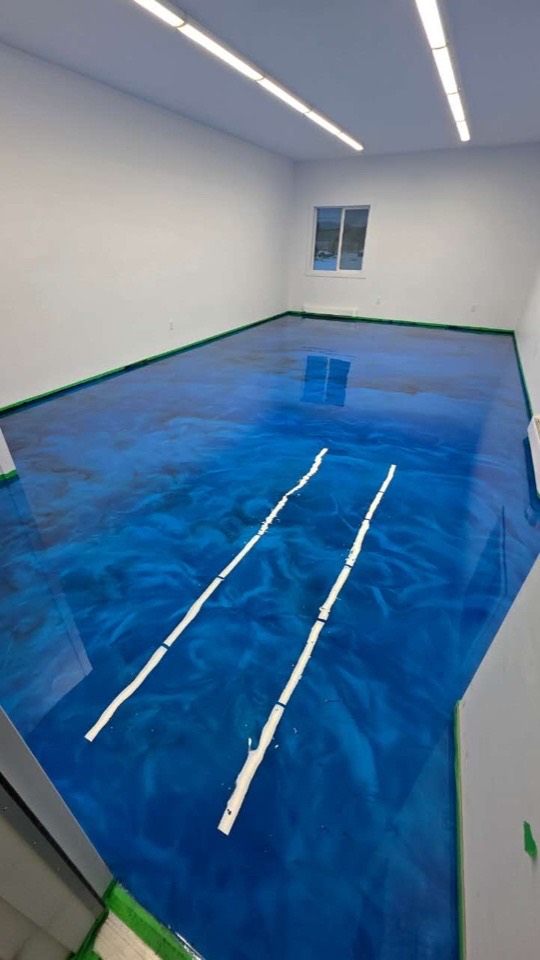 After — blue metallic gym floor — Recreation centre · Burns Lake · Designer metallic