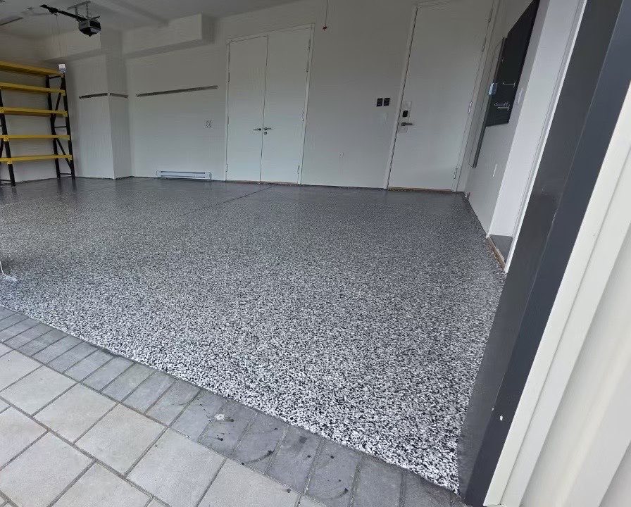 Multi-car residential garage — decorative flake epoxy with clear polyaspartic topcoat