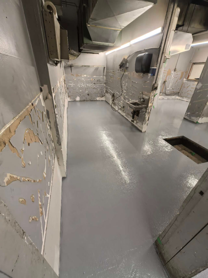 After — textured epoxy — Restaurant kitchen · Vancouver · Sand-broadcast epoxy